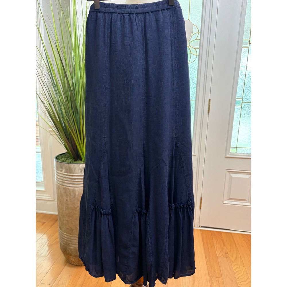 Coldwater Creek Navy Blue Rayon Crepe Tiered Crinkle Maxi Skirt Small Boho